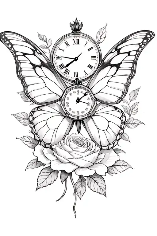 butterfly + timepiece + rose tattoo tattoo design idea