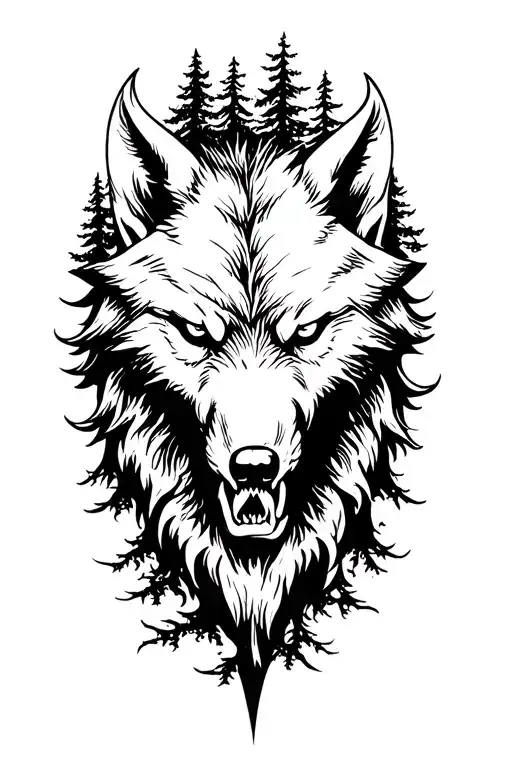 viking wolf growling nature elements like trees tattoo design idea