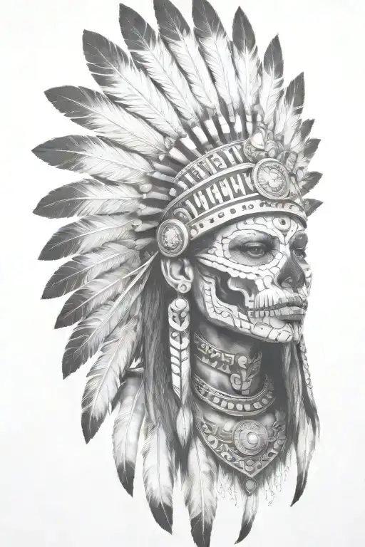 aztec warrior girl, skeletal fierce face, crown skull, geometric patterns feathers, spirituality, afterlife, death tattoo design idea