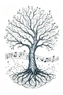 Tree of Life surrounded with music notes flowing in a brush stroke style tattoo design idea
