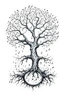 Tree of Life surrounded with music notes flowing in a brush stroke style tattoo design idea