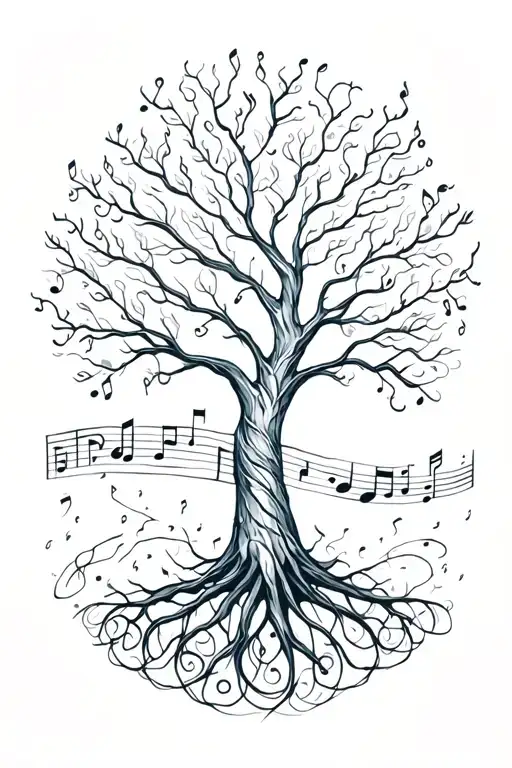 Tree of Life surrounded with music notes flowing in a brush stroke style tattoo design idea