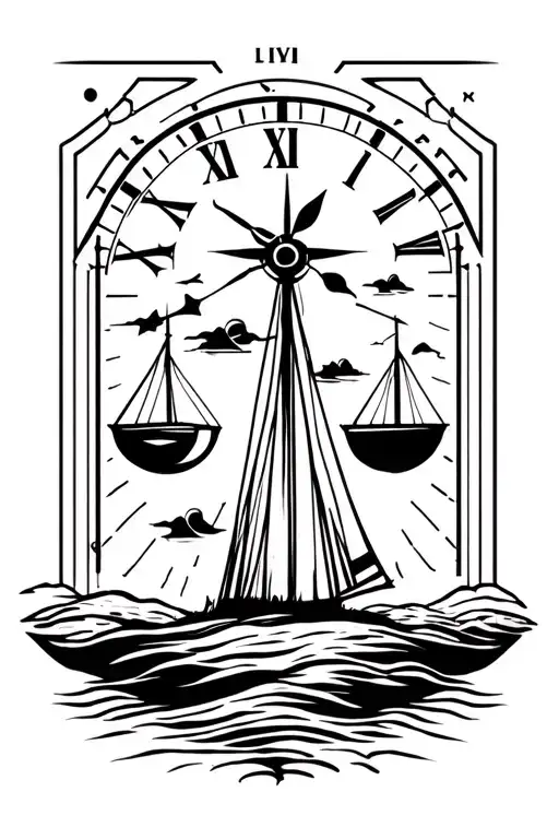 Create a concept tattoo with meaning of Travel, Hard life, legal matters, family, balance, love and hate, time, directio tattoo design idea