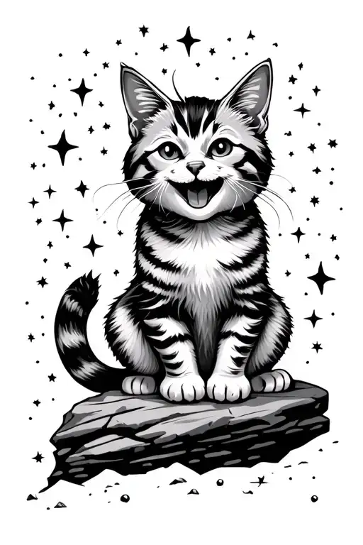 a grinning cat sitting on a rock at night, against the background of the starry sky tattoo design idea