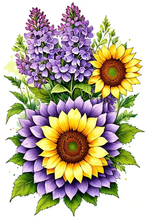 lilacs and sunflowers blooming in a meadow  tattoo design idea