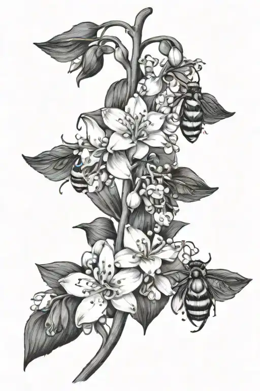 lily of the valley, delphinium, bumblebee tattoo design idea
