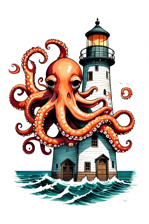 lighthouse wrapped by octopuses tattoo design idea