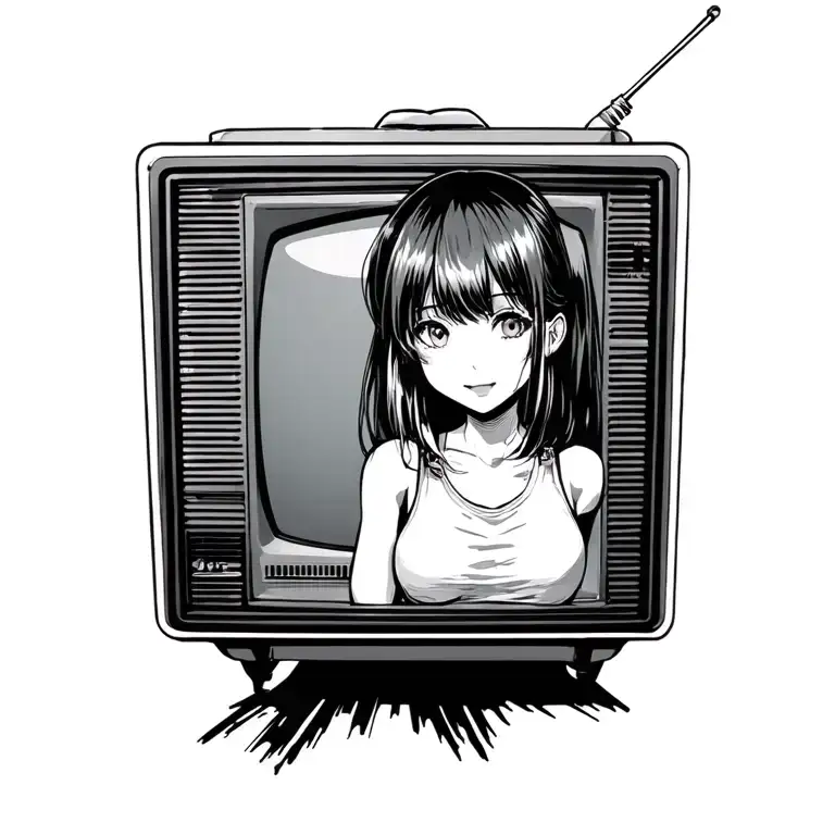 a tattoo of an anime girl coming halfway out of a retro television tattoo design idea