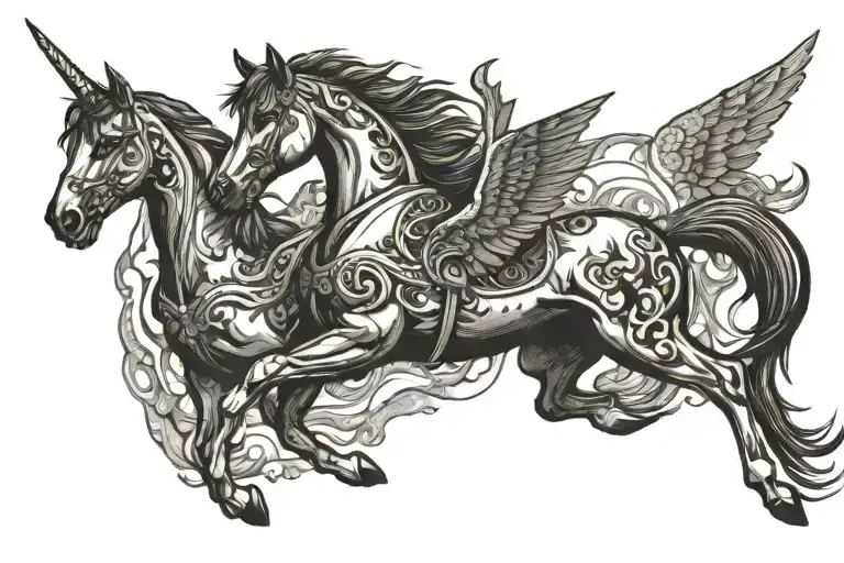 Pegasus flying over a mustang at night tattoo design idea