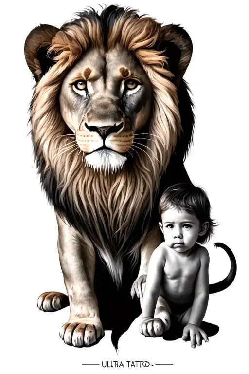 a lion sitting next to a child tattoo design idea