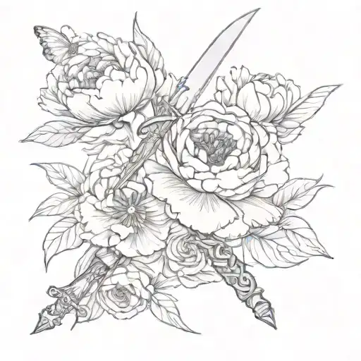 peonies growing around a sword with a butterfly resting on the hilt of the blade tattoo design idea