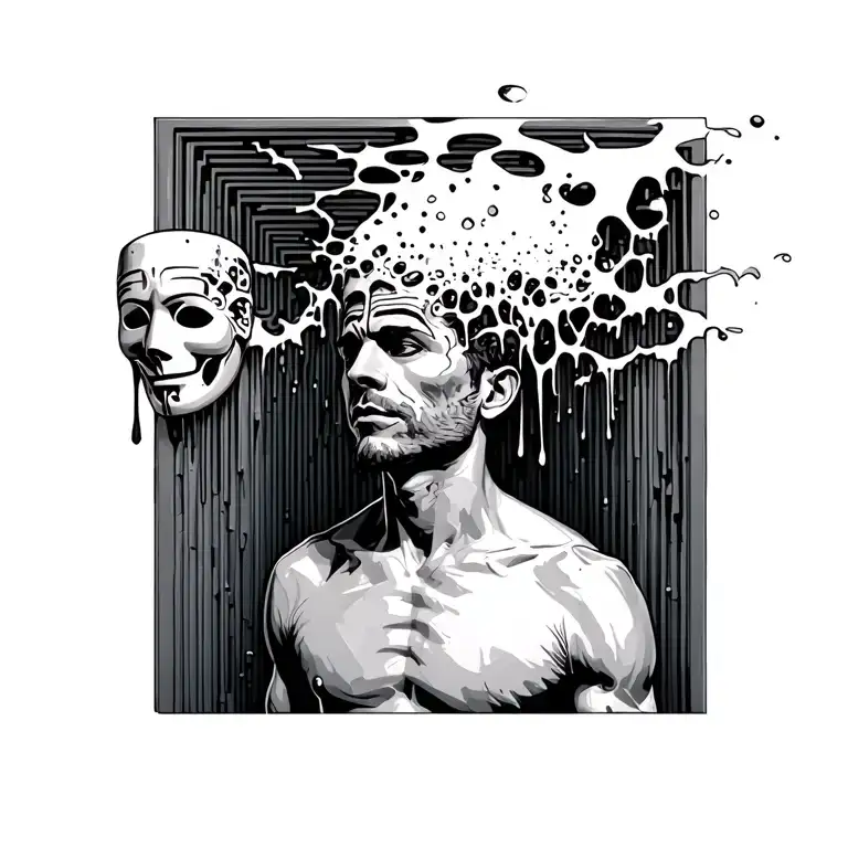 A man (e.g. a male figure in a realistic style) is in a labyrinth. Above him, a mask is melting — a symbol of the false tattoo design idea