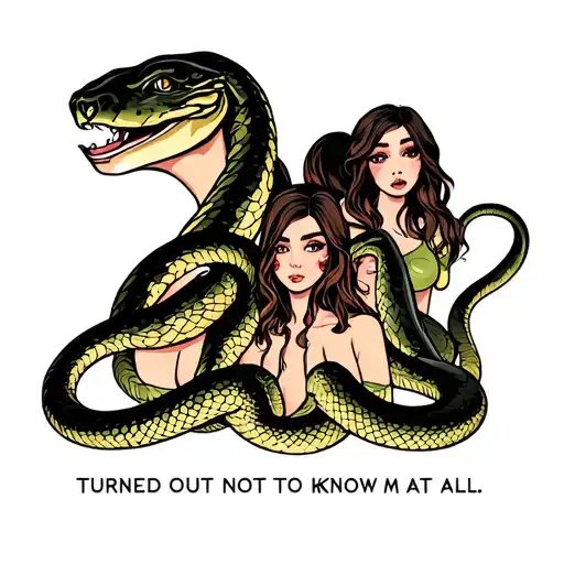the text "turned out not to know me at all" with a group of 3 girl friends who are snakes tattoo design idea