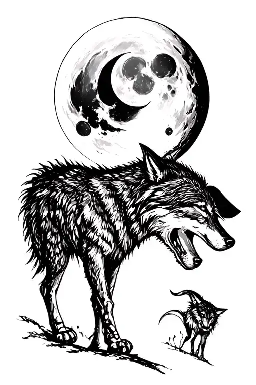 The sketch with moon and fore, you can add wolf. The sketch should look like a gloomy oil painting, in dark fantasy tattoo design idea