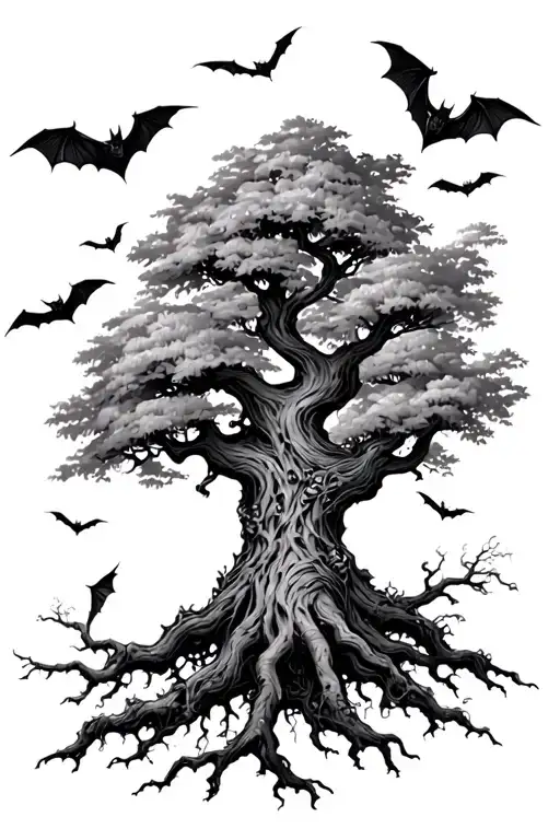 Poison tree with bats flying around tattoo design idea