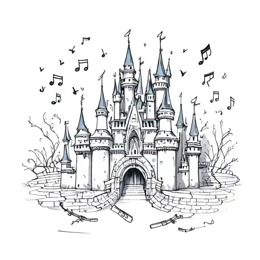 A sketch style tattoo of a Disney castle with musical instruments scattered around it tattoo design idea