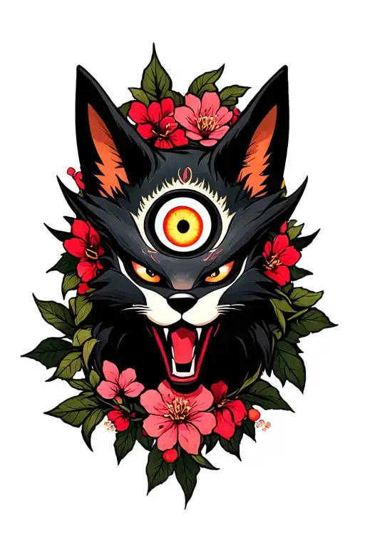 realistic evil kitsune mask with 3rd eye on the forehead surrounded by cherry blossoms tattoo design idea