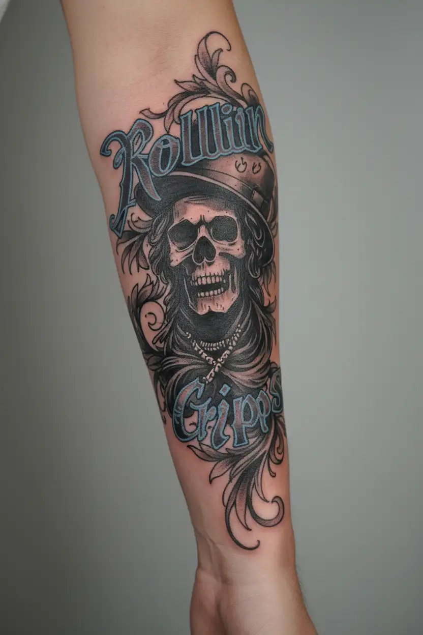 blue tattoo with the name Rollin Crips for Los Angeles Gang tattoo design idea