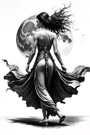 young woman warrior dancer from behind. fabric flows from her dress to make her appear to float. moon in background tattoo design idea