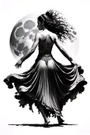 young woman warrior dancer from behind. fabric flows from her dress to make her appear to float. moon in background tattoo design idea
