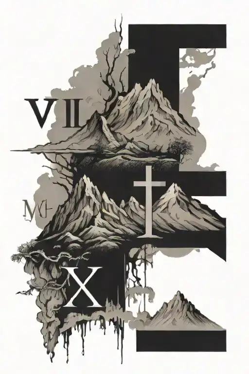 Mountins and cross and roman numeral numbers V-XIII-MCMLXXXVIII and VIII-XX-MCMLXXIX tattoo design idea