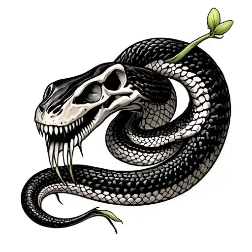 snake skeleton with carnivorouse plants eating the flesh tattoo design idea