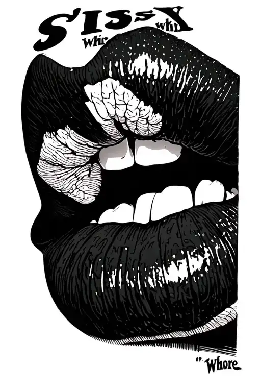 lips like kissed, whit writen under it "Sissy whore" tattoo design idea