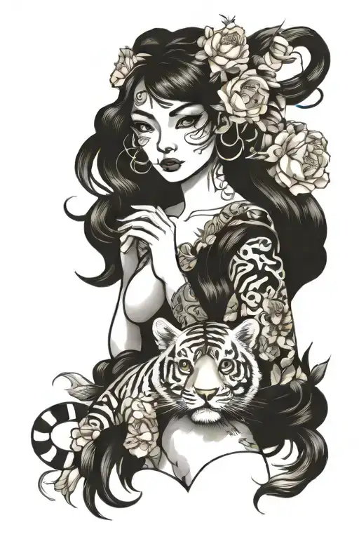 tiger sensual flowers half woman holding tattoo design idea