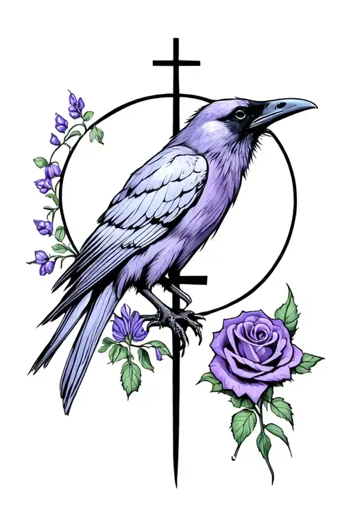 Raven with purple rose and purple hyacinths front of a black crescent moon the black cross going down the middle. tattoo design idea