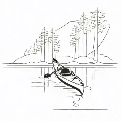 empty kayak, angled towards bottom left, on a calm lake surrounded by trees tattoo design idea