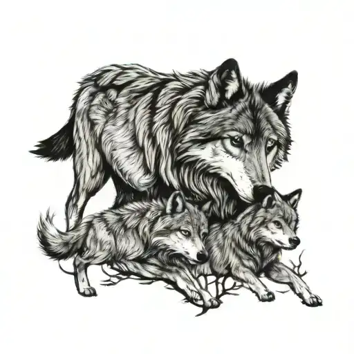 Wolf pack Parents with 2 children, Nordic design small tattoo tattoo design idea