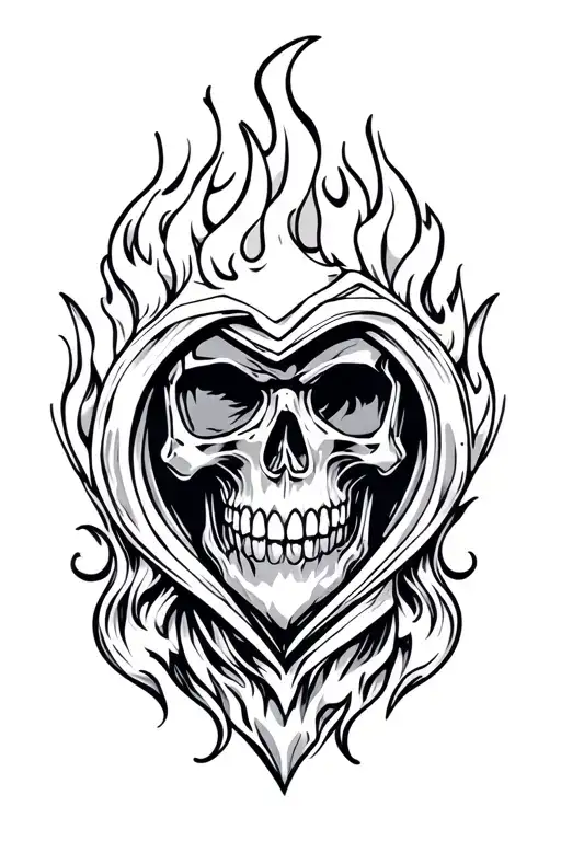 chrome heart logo, fire skull wearing hood,  tattoo design idea