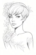 goddess of skills learned by necessity, enchanting eyes, wide hips, dressed skimpy but royal & classy short hair front f tattoo design idea