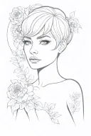 goddess of skills learned by necessity, enchanting eyes, wide hips, dressed skimpy but royal & classy short hair front f tattoo design idea