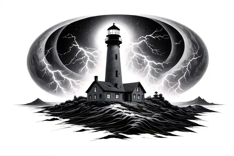lighthouse, black hole, planet, lightning, storm inside tattoo design idea
