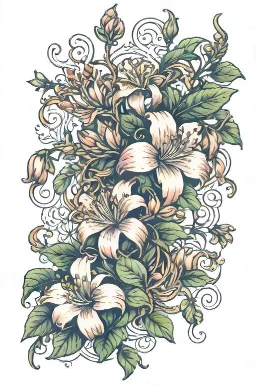 honeysuckle blooming flowers intertwined with fairy tattoo design idea
