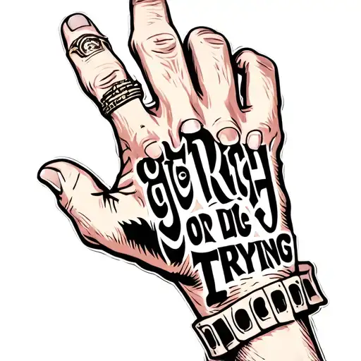 finger and hand tattoo with the words "get rich or die trying" in a cool font tattoo design idea