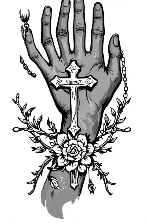 Create a sketch with a black and white tattoo on the forearm of the hand, around the forearm rosary with a cross, zodiac symbol Taurus Gy tattoo design idea