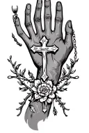 Create a sketch with a black and white tattoo on the forearm of the hand, around the forearm rosary with a cross, zodiac symbol Taurus Gy tattoo design idea