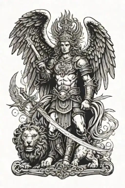 Archangel with a lion's head holding a fiery sword, in the background a crowned eagle with outspread wings  tattoo design idea