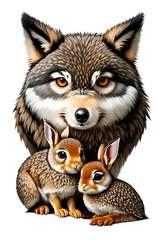 baby wolf, baby rabbit, baby owl  all being protected by a father tattoo design idea