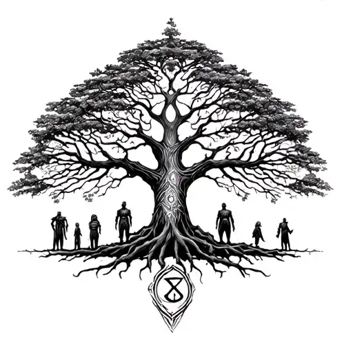 Yggdrasil tree with family north rune tattoo design idea
