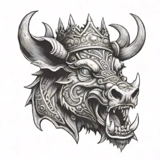 boar head on armor wearing a crown with blue eyes mouth open and tusks showing tattoo design idea