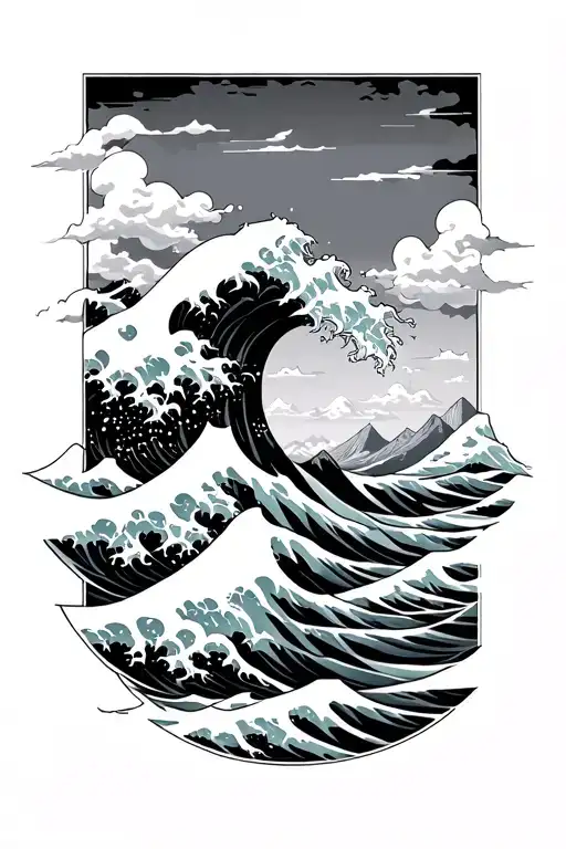 bottom third is the great wave with the middle third having mount washington with the top third being sunset with clouds tattoo design idea