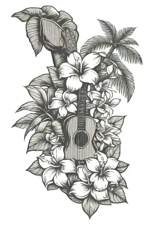 frangipani flower, hibiscus flower, palm tree, coconut drink, ukulele tattoo design idea