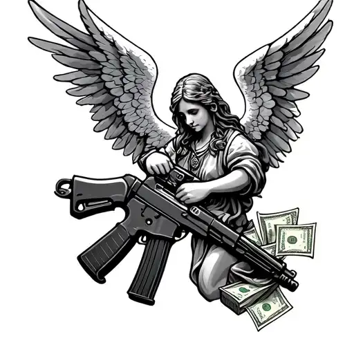 angel holding ak 47 money blessed tattoo design idea