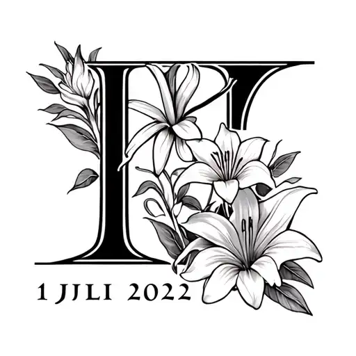 a roman numeral tattoo with 11 juli 2022 and with some lillies or other flower on the calf tattoo design idea