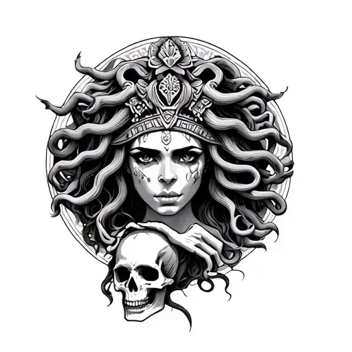 medusa holding a skull, Aztec goddess, tattoo design idea