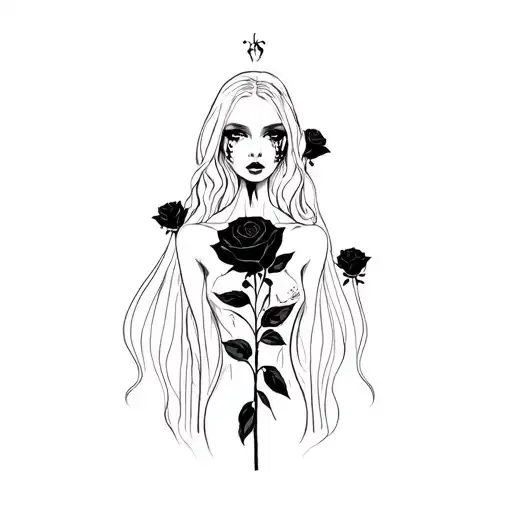 gothic design woman with black roses  pentograms and scarring lines  tattoo design idea