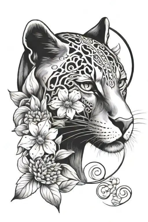 lunar moon,black panther ,sweet pea and daisy flowers tattoo design idea